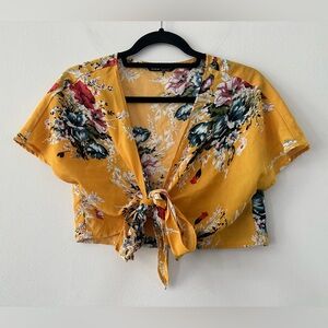 SHEIN Yellow Floral Tie-Front Crop Top